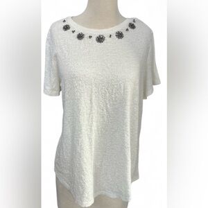 LOFT White Platinum Sequin Embellished Short Sleeve Blouse | Women's Size L |